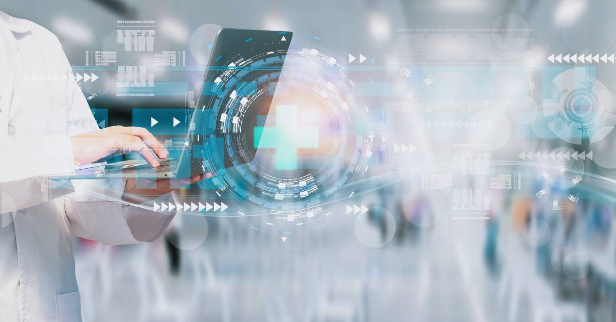 A medical professional in a white lab coat holds a laptop. Various abstract medical symbols float across the image.